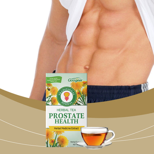 Prosmale Herbal Prostate Health Tea for Men, featuring a tea box and a cup of brewed tea, with a toned male torso in the back