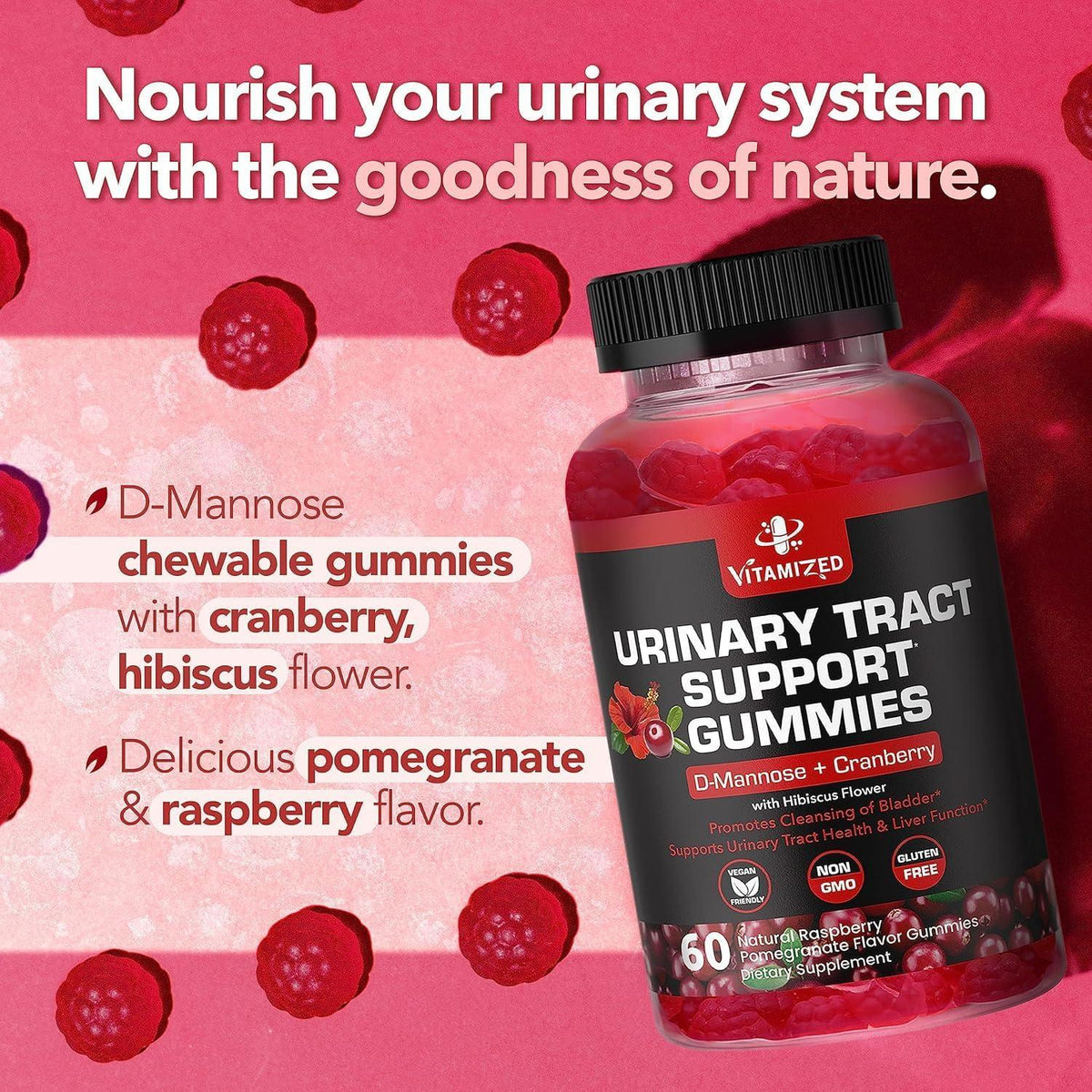 Potent Cranberry Gummies 1500mg with D Mannose   Urinary Tract Health for Women & Men Urinary Flush & Bladder Fast Acting Support Supplements with Hibiscus Powder 180 Count