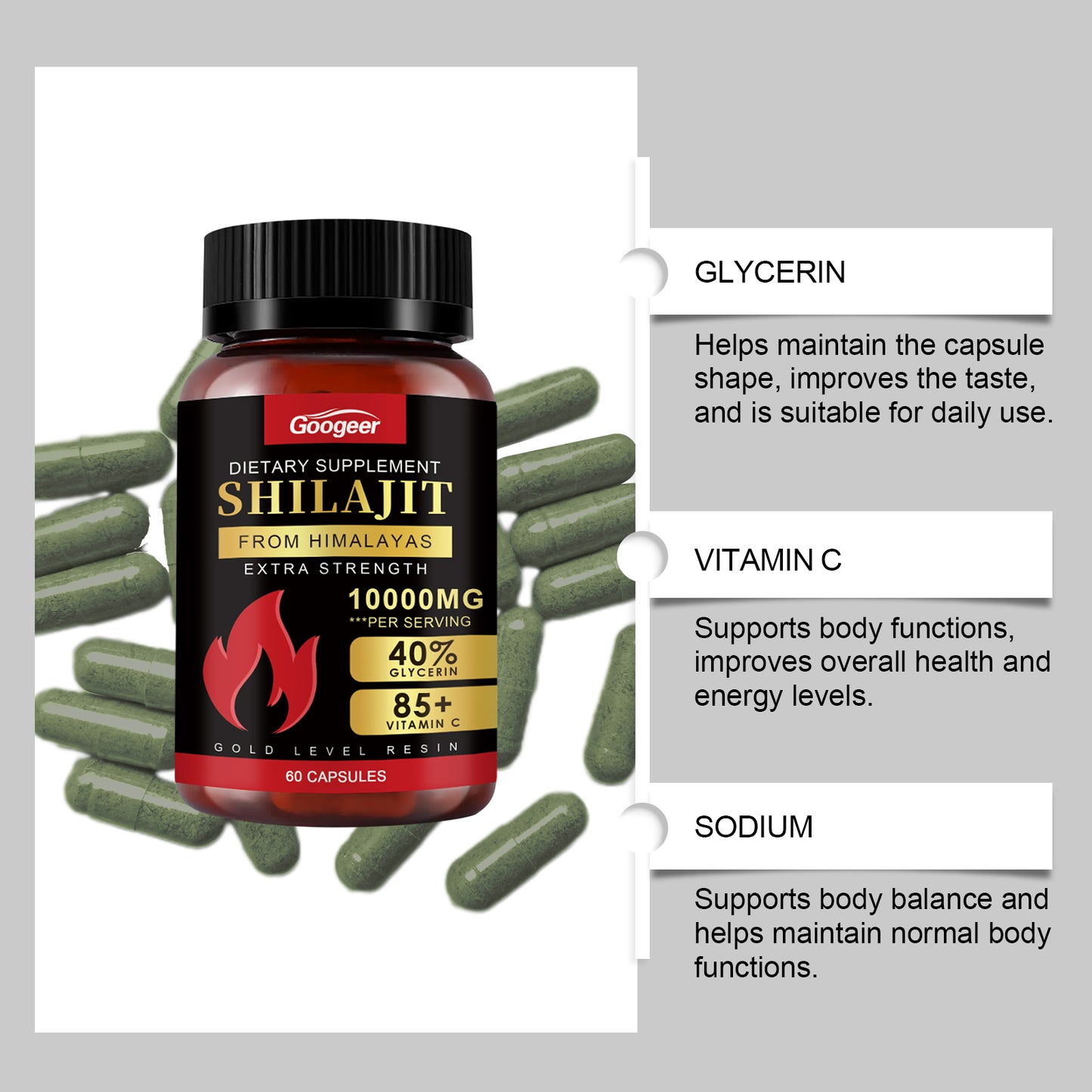 Shilajit Extra Strength 10000mg – Himalayan Gold Resin, 60 Capsules