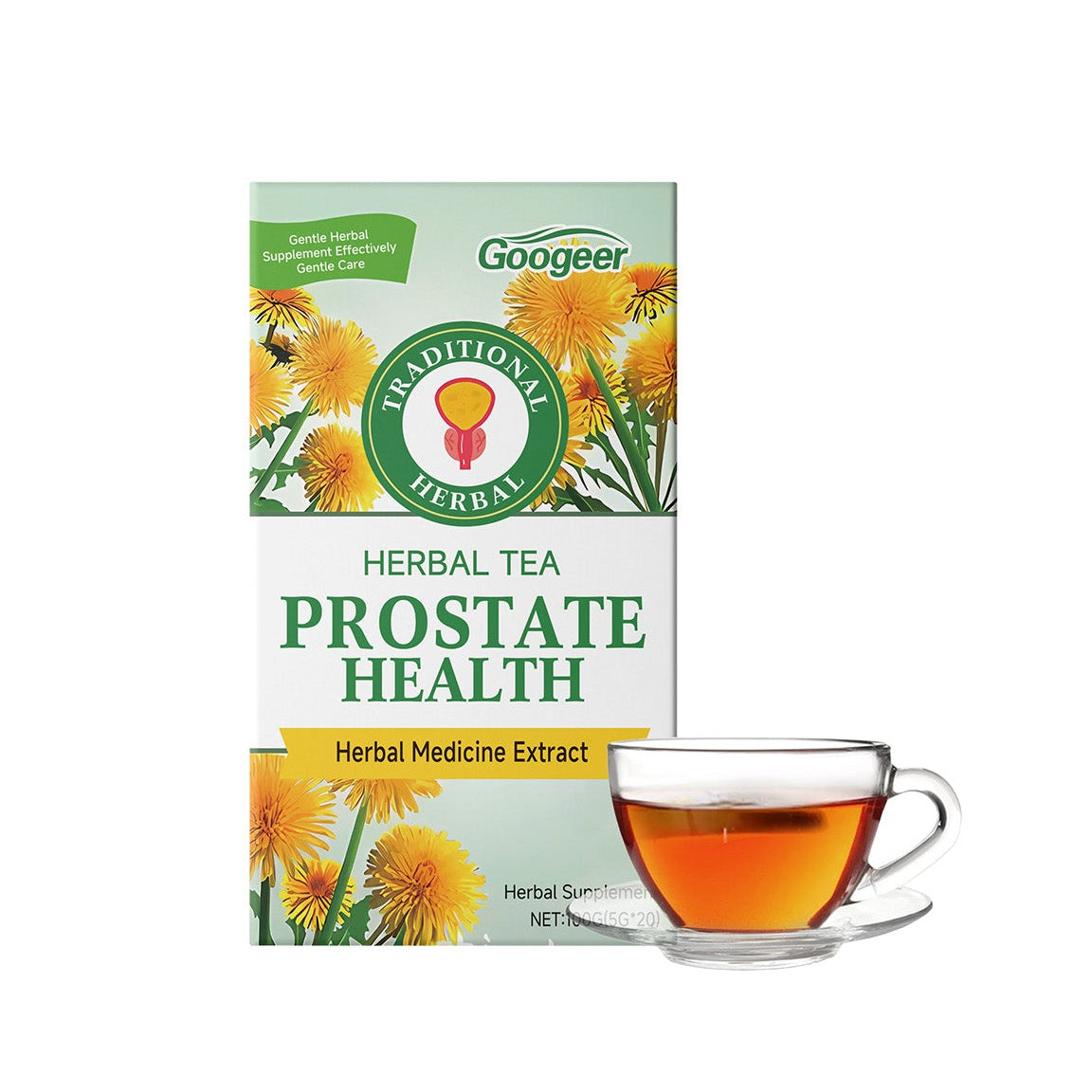 Prosmale Herbal Prostate Health Tea for Men in a box with a cup of brewed tea beside it. Herbal ingredients highlighted.