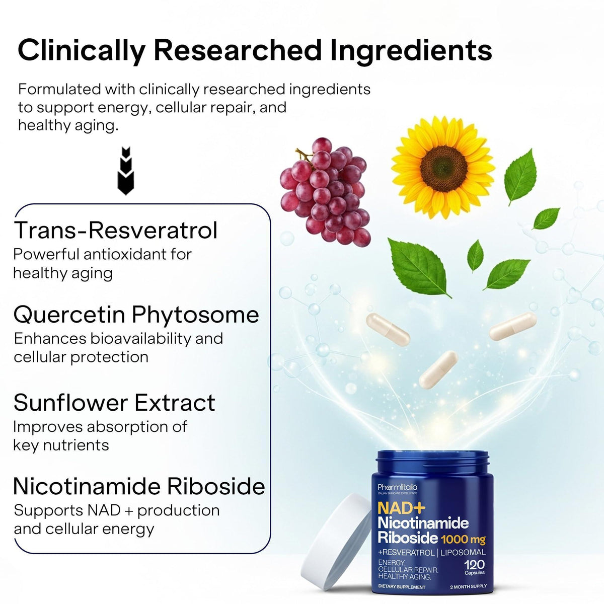 NAD  Capsules Resveratrol   Liposomal Nicotinamide Riboside Quercetin Vitamin B3 NAD  Supplement for Women and Men   Anti Aging Boost Focus and Energy   Cell Regeneration Supplement 120 Capsules