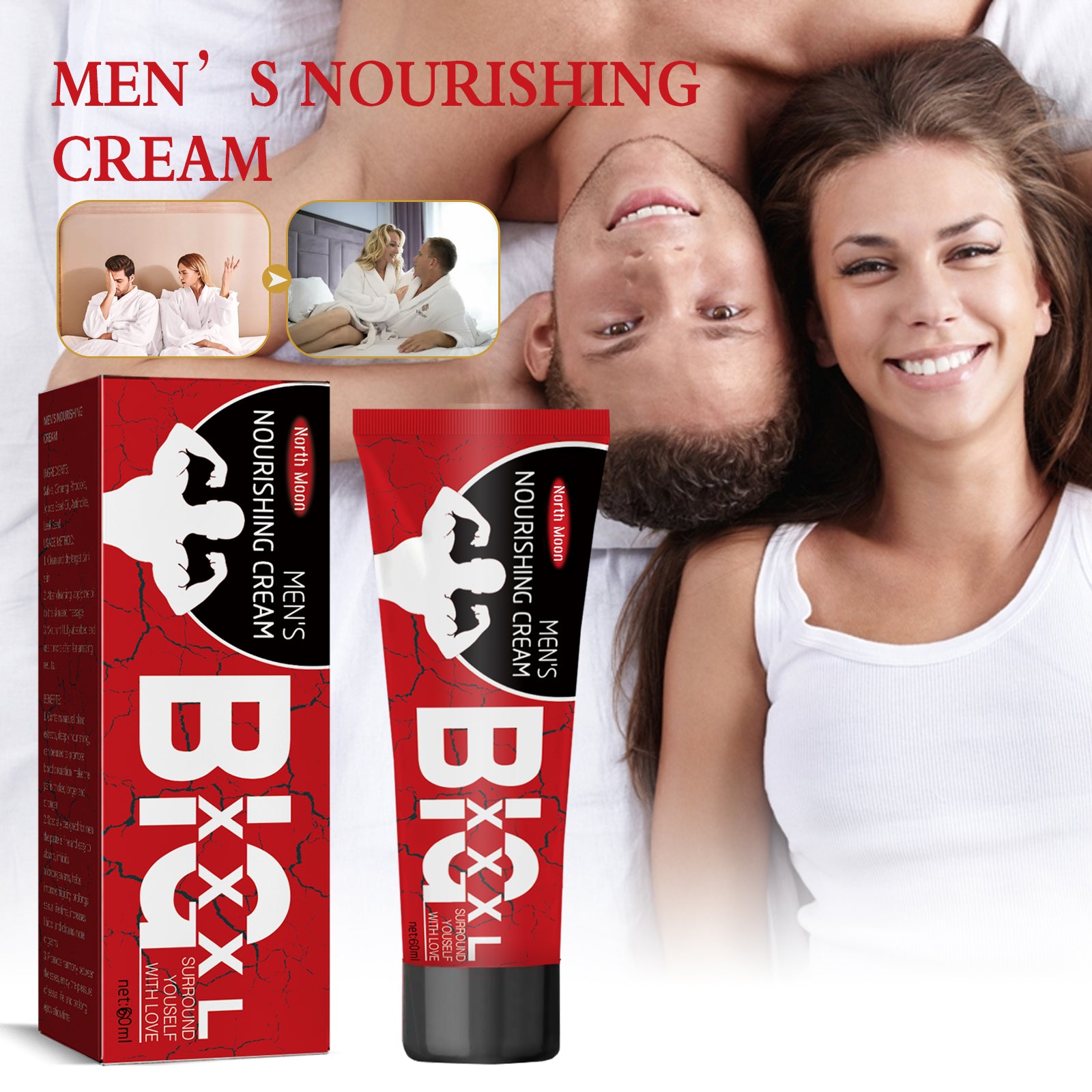 Prosmale Men's Herbal Nourishing Cream with ginseng, rhodiola, and jojoba in a 60ml tube, featuring a bold red design. big xxl cream tube.