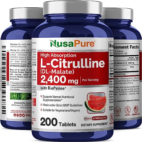 L-Citrulline DL-Malate 2,400mg – 200 Vegetarian Tablets, Non-GMO, 100-Day Supply