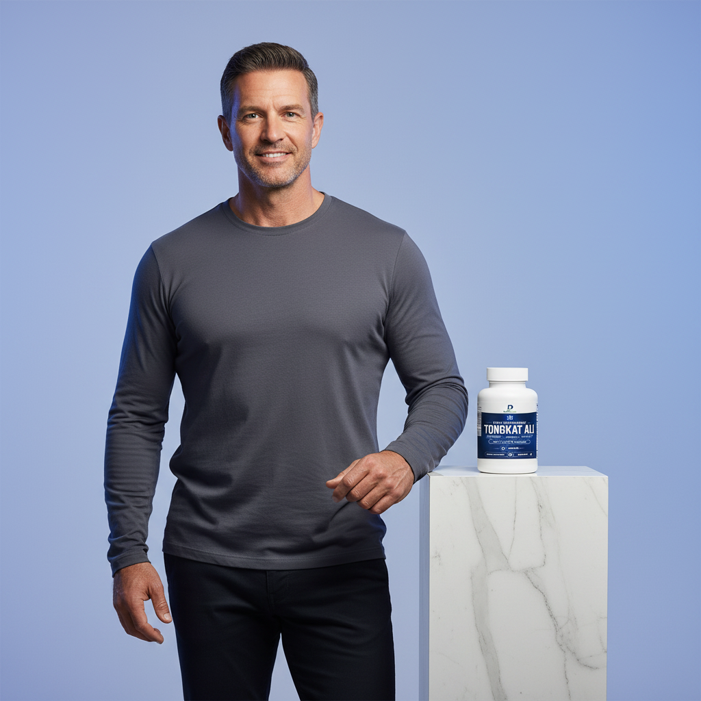 Confident man next to Tongkat Ali Men's Performance supplement - Strength, Stamina and Vitality - Prosmale